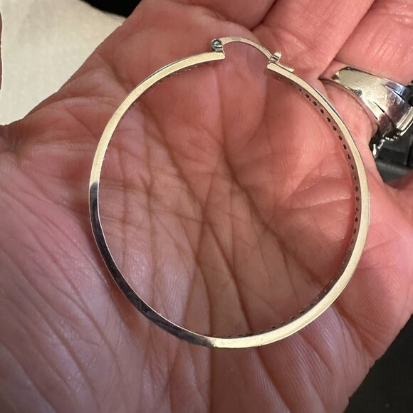 Silver CZ Diamond Round Hoop Earrings - Picture 5 of 8